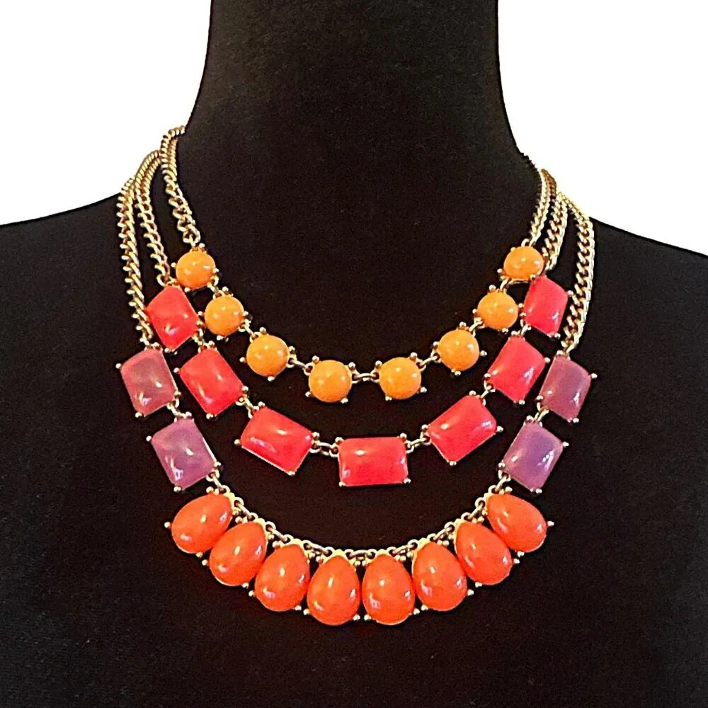MIKA Statement Necklace Triple Layered Chunky Statement Gold Tone Coral Orange P